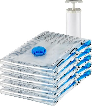 Basics Vacuum Compression Zipper Storage Bags with Airtight Valve and Hand Pump, Large, 5-Pack, Clear