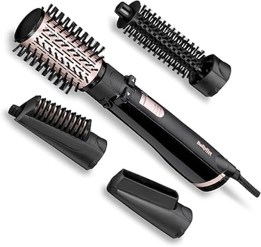 BaByliss AS200E Brush &amp; Style Ionic rotating hot air brush set, 1000 watts, 4 attachments, black, 5-piece set