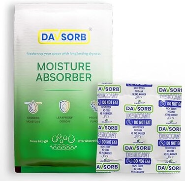 DAVSORB Dehumidifier Room Moisture Absorber Sachet for Home, Cars, Electronic items, Wardrobe &amp; Shoe Racks   Fights Excess Moisture &amp; Prevents Mould &amp; Fungus; Pack of 5-50gm each (5x50=250gm), White