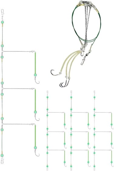5 Pcs 3 in 1 String Fishing Hook,Pre-Tied Fishing 3 Hooks Set with Anti-Tangle Steel Leader Line,Bait Rig with Quick Swivels Snaps and Luminous Beads,Carbon Steel Saltwater Fishing Hooks