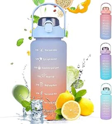 AIMBIGG 2L Water Bottle with Straw 64 Oz Motivational Sports Water Bottle with Time Capacity Marker BPA Free Big Large Gym Cycling Water Bottle Cup Jug for Kids School Outdoor Fitness (Blue Orange)