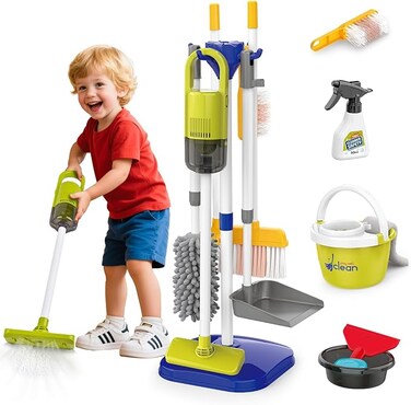 Toddler Cleaning Toy Set Includes Real Working Vacuum Cleaner, Broom, Mop, Brush, Spray, Duster, Preschool Educational Pretend Play Cleaning Kit for Toddler (Blue)