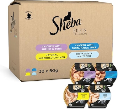 Sheba Cat Food Flavor Selection Filets, Domes Natural Shredded Chicken, Chicken with Shrimp &amp; Tuna, Sustainable Tuna, White Fish, Premium Wet Food, Pack of 2 x4 (4x60g)