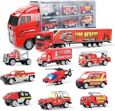 10 in 1 Fire Truck Toys, Mini Die-cast Fire Engine Car Toy Set in Carrier Truck, Rescue Emergency Double Side red Vehicle for 3 Years Old Boys and Girls