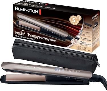 Remington Hair Straightener [Innovation: Heat Protection Sensor] Keratin Therapy (Keratin &amp; Almond Oil Care, Ceramic, LCD Screen, 160-230&deg;C, Pouch) Straightening Iron S8593