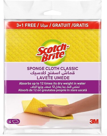 Scotch-Brite Sponge Cloth Wipe CLASSIC, 4 Units (3+1 Free)/Pack   Quickly Soaks Up Any Liquid   Wipes Like a Cloth, Absorbs Like a Sponge   Kitchen Cleaning Sponge