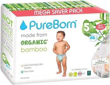 Pure Born Nappies Pure Organic Bamboo Nappies &ndash; Nappies Size 5 Hypoallergenic 88 - Nappies Ultra Soft (11-18 kg) 100% Plant Based Eco Friendly Pineapple Print