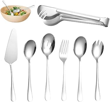 Goodern Stainless Steel Serving Utensils,7PCS Catering Serving Utensils Set with Slotted Spoon,Serving Spoons,Forks,Tong,Cake Server Portable Large Serving Spoon Set for Buffet Party Kitchen-Silver