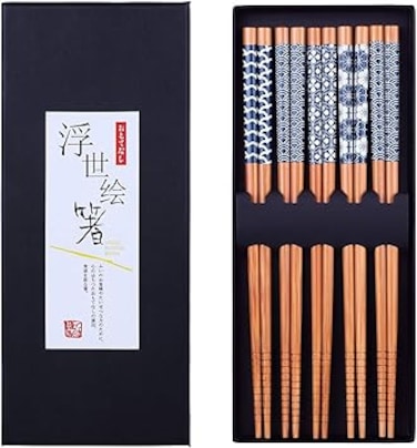Antner 5 Pairs Natural Bamboo Chopsticks Reusable Classic Japanese Style Chop Sticks Gift Sets, Dishwasher Safe, 8.8 Inch/22.5cm
