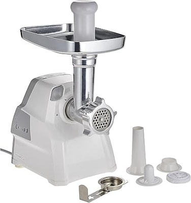 KENWOOD Meat Grinder 2100W Meat Mincer with Kibbeh Maker, Sausage Maker, Biscuit Attachment, Feed Tube Pusher, 3 Stainless Steel Screens for Fine, Medium &amp; Coarse Results MGP40.000WH White