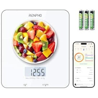 RENPHO Food Scale, Kitchen Scale for Food Ounces and Grams, Smart Cooking Calorie Scale with Timer, Nutritional Analysis with App for Keto Macro Weight Loss, White, 11lb/5kg