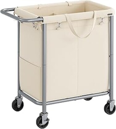SONGMICS Laundry Basket with Wheels, 2-Section Rolling Laundry Hamper, 37 Gallons (140L), Removable Liner, Steel Frame with Handle, Blanket Storage, 27.2 x 15.4 x 31.9 Inches, Cream White URLS004W01