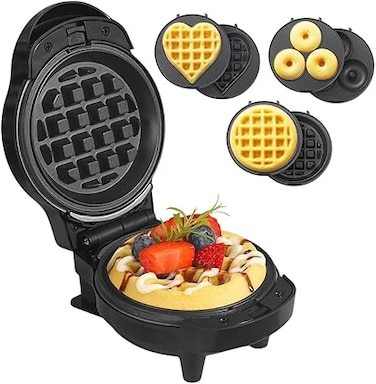 Mini Waffle Maker 3-in-1 with 6 Removable Plates &ndash; Non-Stick 4.5&rdquo; Waffle Iron for Heart Waffles, Donuts &amp; Classic Waffles &ndash; Compact Electric Waffle Maker with Preheat Indicator &ndash; Easy to Clean &ndash; Red