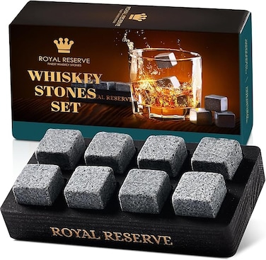 Whisky Gifts for Men - Whisky Stones Set with Reusable Chilling Stones in Black Wood Tray &ndash; Bourbon Ice Cubes for Men's Gifts by Royal Reserve
