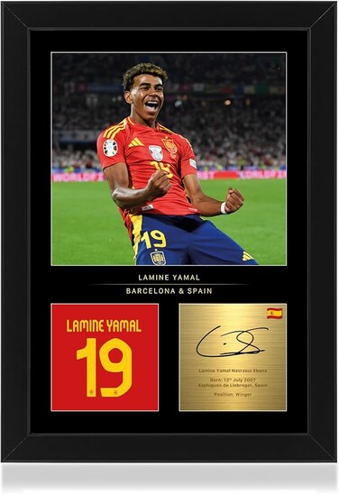 Lamine Yamal A4 Framed Photo Display - Reproduced Digital Signature- Gift for Spain and Barcalona Fans
