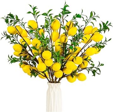 TORINALITAL 4Pcs Artificial Lemons Branch, Vivid Yellow Fake Lemons Branch with Green Leaf and Adjustable Branch, Lemon Decor for Home Kitchen, Graden, Desk, Party Decorations