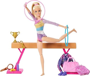 Barbie Gymnastics Playset with Blonde Fashion Doll, Balance Beam, 10+ Accessories &amp; Flip Feature