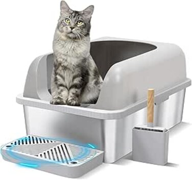 Angju Stainless Steel Cat Litter Box Metal Extra Large Cat Litter Tray for Big Cats Litter Pan Toilet High Enclosed Sides Pet Litter Box with Footboard &amp; Scoop, Old and Short-Legged Cat Friendly