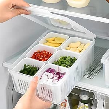 NALACAL Food Storage Containers with Lids Airtight, Scallion Preservation Box Fridge Fresh-Keeping Container 6 Grids Draining Crisper Portable Divided Fruit Storage Container Ginger Storage Basket