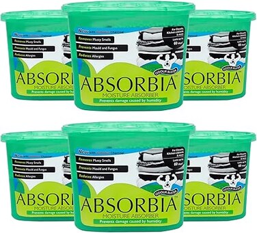 Absorbia Moisture Absorber and Odour Buster with Activated Charcoal - 300 g (Pack of 6) Absorption Capacity 600ml Each   Dehumidier for Wardrobe, Cupboards &amp; Closets   Fights Against Mould