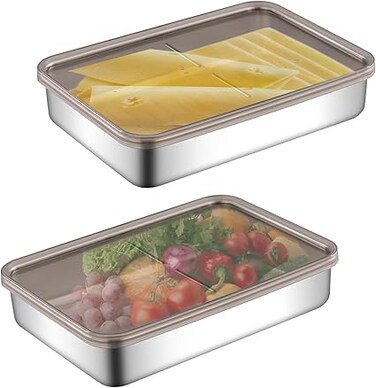 Qivine Pack of 2 Cold Food Boxes for Fridge, Stackable, Food Storage Containers with Lid, Stainless Steel Food Box, Potato Storage Box for Sausage and Cheese, 19.5 x 14 x 4 cm