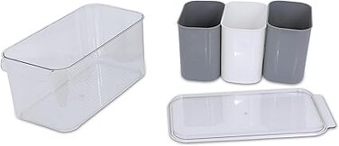 4-in-1 Fridge Organizer - Stackable Acrylic Storage Boxes with 3 Compartments for Snacks, Produce, and Meal Prep, Perfect for an Organized Kitchen (White/Grey)