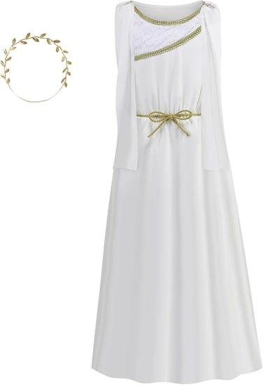 Ancient Greek Goddess Girls Costume 2 PCS Kids Roman Sleeveless Costume with Golden Browband for World Book Day Christmas Halloween