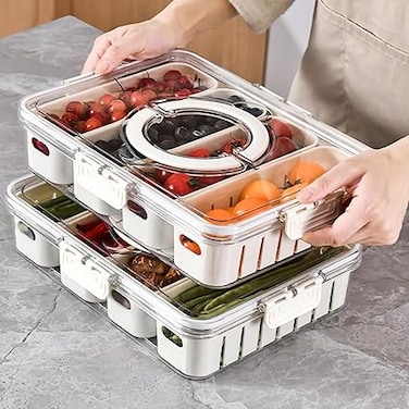 2pcs Refrigerator Organizer Box,Divided Food Storage Container Fruit Storage Bin w/ 4 Drain Basket,Stackable Vegetable Strainer Box for Fridge Pantry Freezer Snack Box for Candy Nuts (4 Drain-A)