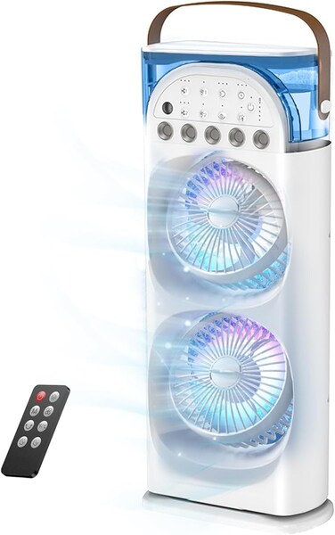 Air Conditioners Rechargeable Rotating, Double Head Cooling Fan with Remote, Air Cooler with 3 Speeds &amp; Mist Modes, 600ml Water Tank, 7-Color Night Light, Portable for Room/Car