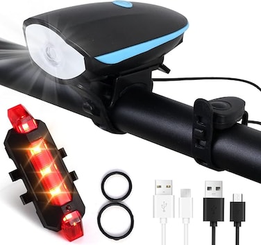 Bike Light Set USB Rechargeable Bycicle LED Accessories Night Cycling Headlight Tail Rear Reflectors for Mountain Bike 4 Lighting Modes, Easy to Install (Blue)