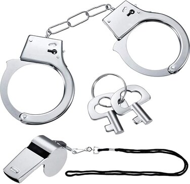 Police Role Pretend Play Metal Hand Cuffs with Key and Whistle Toys for Kids (Silver)