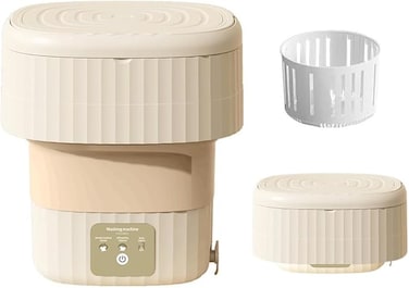 Foldable Portable Washing Machine with Spin Dryer, Mini Washer for Underwear, Socks, Baby Clothes, Towels, Pet Items, Small Washing Machine for Apartment, Hotel, RV, Home, Camping (Cream)