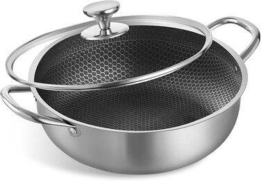 Stainless Steel Saute Pan, Cookware with Lid, 30CM Deep Frying Pan, Nonstick Cooking Pot with Handles, Large Skillet, Wok Pan Compatible with All Cooktops, Dishwasher Safe