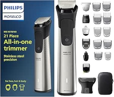 Philips Norelco Multigroom Series 9000-21 piece Men's Grooming Kit for beard, body, face, nose, ear hair trimmer w/premium storage case, MG9510/60