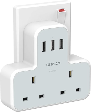 Double Plug Adaptor with 3 USB, TESSAN 2 Way Plugs Extension Multi Sockets Wall Charger Adapter, 13A UK 3 Pin Power Socket for Home, Office, Kitchen, PC