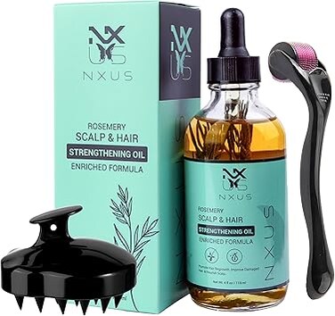 NXUS 118 ml Large Rosemary Oil for Hair Growth With Scalp Massager &amp; Derma Roller (0.25mm) - Stop Hair Fall &amp; Receding Hairline - Scalp Strengthening Oil - 100% Organic &amp; Natural