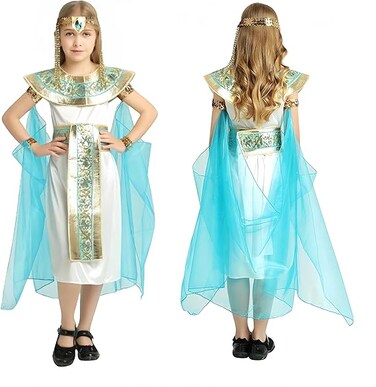 5Pcs Egyptian Costume for Girls and Women, Cleopatra Costume with Headpiece, Pharaoh Costume Halloween Cosplay Dress Up for Girls 5-14 Years