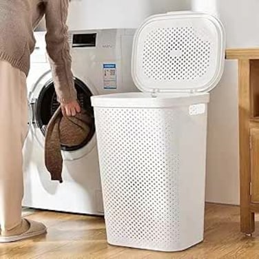 HNEJA Laundry Basket, Floor-Standing Hand-Held Laundry Basket with Lid, Plastic Laundry Hamper Storage Bucket with Handle, for Kitchen Bedroom Bathroom Closet(White)