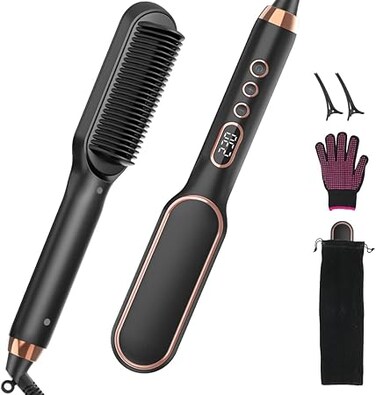 Oxsaytee Hair Straightener Brush, Electric Hair Straightener Comb, Fast Heating &amp; 5 Temp Settings, 3 in 1 Electric Comb Anti-Scald, Hair Straight Styling Tools, Gifts for Women, Black