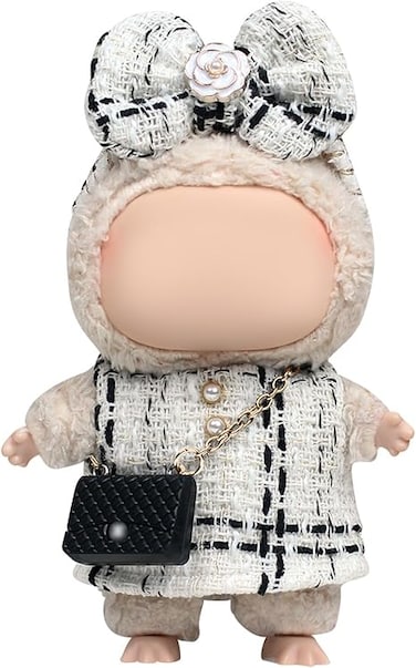 Classic Checkered Chic Set for 17cm Labubu Doll, Featuring a White and Black Checked Dress, Bow Headpiece, and Stylish Black Mini Bag &ndash; Doll Not Included