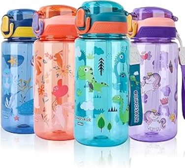 Kids Water Bottles With Straw,600ml Toddler Drinks Bottle for School,Leakproof Children's Bottle BPA free Tritan Sport Bottle for Girls Boys (Green-dinosaur)