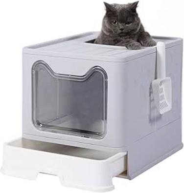 PETPASS Large Foldable Cat Litter Box Pan with Lid, Cat Potty,Top Entry Type Anti-Splashing Cat Supplies with Pet Plastic Scoop - Grey
