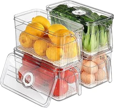 MIXDE 4 Pack Fridge Organizer with Freshness Timer Lid, Stackable Refrigerator Organizer Bins with Front Handle and Drain Tray, BPA-FREE Clear Plastic Storage Bins for Kitchen, Pantry, Refrigerator