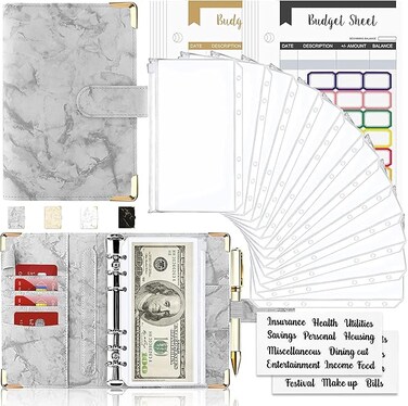Budget Binder With Cash Envelopes for Budgeting, Money Organizer, 12Pcs 6-Ring Money Saving Binder (Marble-Grey)