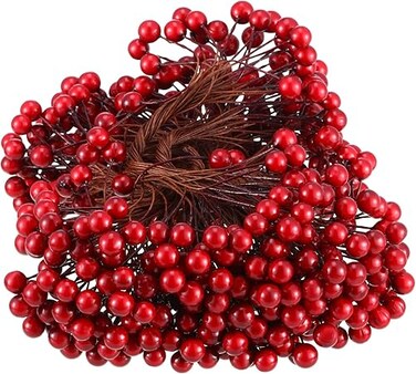 BBTO Artificial Holly Berries on Wire Stems, 250 Stems with 500 Pieces 8 mm Fake Berries for Christmas Tree Decorations Wreath Craft Use Wedding Party Favor (Dark Red)