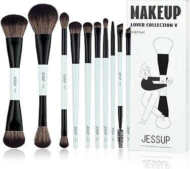 Jessup Makeup Brushes Set 10pcs, Double Sided Foundation Contour Blush Highlight Blending Eyebrow Brush Eyeshadow Eyeliner Concealer Brush, Bright Cyan Cruelty Free Cosmetic Tools T500