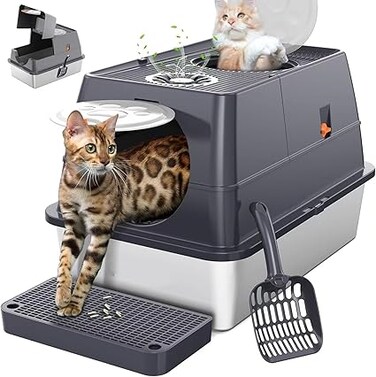 SLEEPHEAD&reg; Large Metal Cat Litter Box Stainless Steel, Extra Large Kitty Litter Box with Lid and High Sides, Enclosed Metal Litter Box with Litter Scoop &amp; Filter Pedal, Anti-Leakage, Odor Free