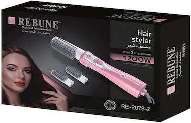 REBUNE RE-2078-2 Pink 1200W Hair Dryer Brush 3 In 1 Hot Air Styler Straightening &amp; Curling Fast Heating (3s) Hair Styler with 2 Brushes