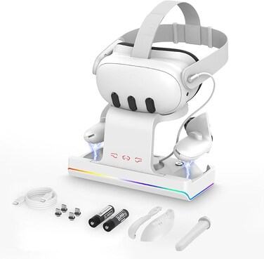 Charging Dock for Meta Quest 3, VR Headset &amp; Controllers Charging Stand with RGB LED Light [On/Off], VR Accessories with 2 Rechargeable Batteries for Oculus Quest 3, Fast Charging Station