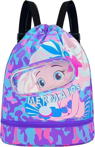 Drawstring Bag, Swim Bag Waterproof Backpack Swim Bags for Swimmers Kids Swim Beach Bag Pull String Cinch Bag Girls Mermaid Cartoon Printed Cute Sport Backpack with Dry-wet Separate